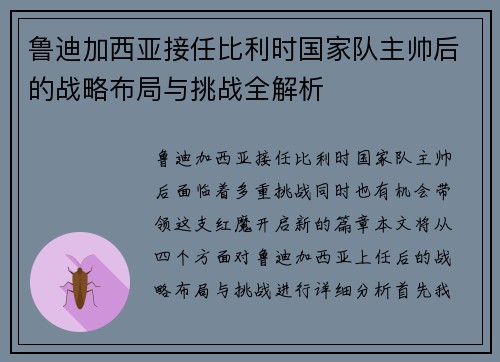 鲁迪加西亚接任比利时国家队主帅后的战略布局与挑战全解析